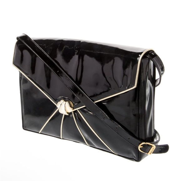 Bally Black Patent Leather Envelope 2-Way Shoulder & Clutch • Art Deco •Vintage - Picture 2 of 14